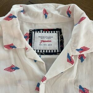Denim & Flower White Shirt with Flag Accents